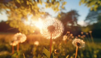 Fotobehang dandelion close up against sunlight background. © Juli Puli