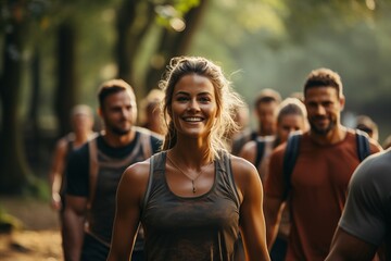 A group of people exercising together in a scenic outdoor location, highlighting the social and physical benefits of group workouts in natural settings.