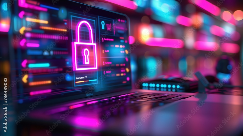 Poster illustration of a high-security online shopping app on a computer screen, showcasing a prominent pad