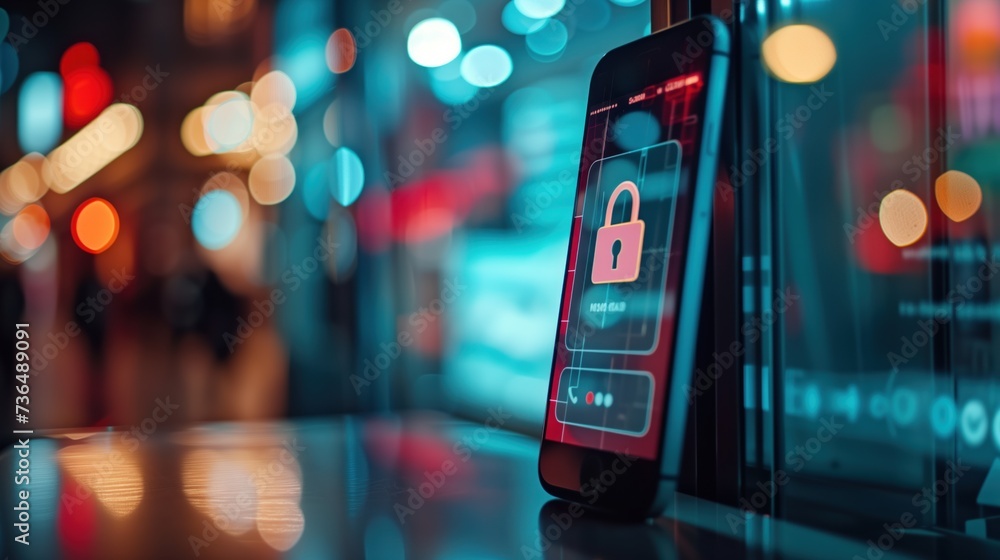 Poster illustration of a secure checkout page on a mobile shopping app, featuring encryption symbols like p