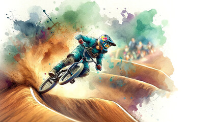 An action-packed watercolor illustration of a BMX rider performing a dynamic move on a dirt track, with vibrant splashes representing speed and movement.Sport concept.AI generated. - obrazy, fototapety, plakaty