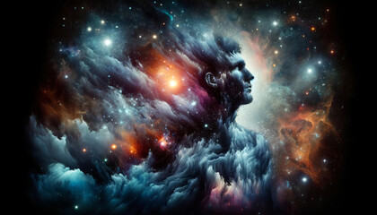 Obraz na płótnie Canvas A striking cosmic portrait merging a human silhouette with a star-filled nebula, symbolizing the connection between humanity and the vast universe.Digital art concept. AI generated.