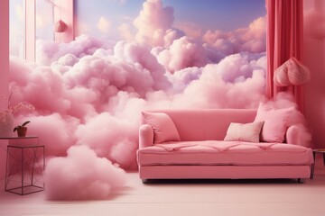 Dreamy Pink clouds room. White sweet candy. Generate Ai