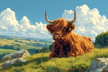 a bull with horns is laying in the grass on top of a hill