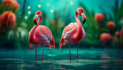 flamingos against a green background. 