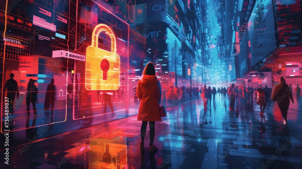 Poster artistic rendering of a shopper confirming a purchase through a secure payment app, highlighted by a