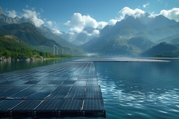 solar energy panels by the lake - obrazy, fototapety, plakaty