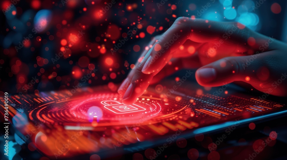 Poster artistic representation of fingers typing on a digital tablet's secure checkout page