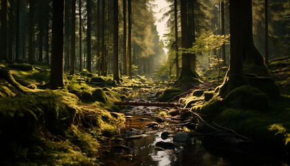 forest with big trees and moss. 