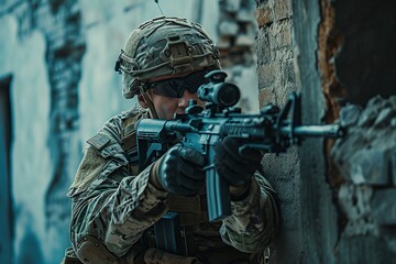 Obraz premium uniformed soldier deployed in a war zone on a mission
