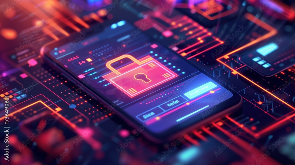 Poster dynamic illustration of an encrypted online shopping process on a mobile device