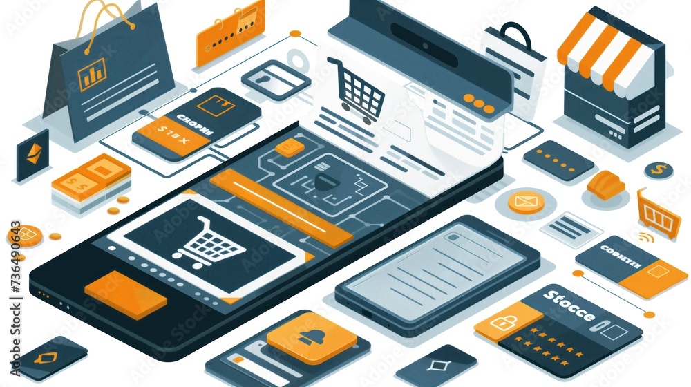 Poster dynamic illustration of an encrypted online shopping process on a mobile device