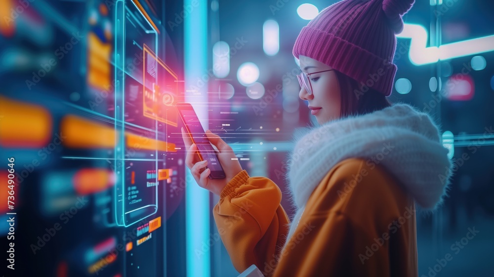 Poster dynamic illustration of a shopper using a mobile app for an e-commerce purchase