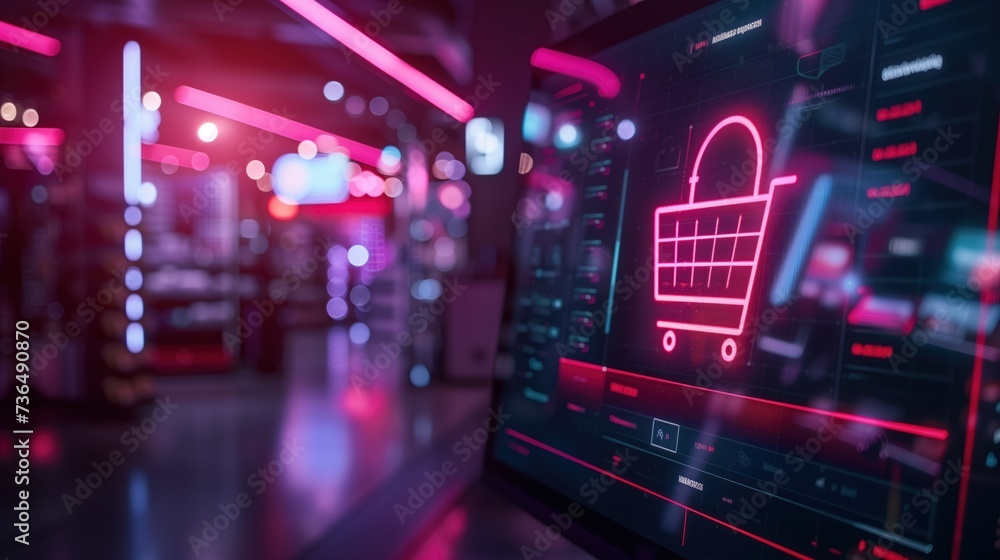 Poster futuristic e-commerce app interface on a desktop monitor, featuring a secure login page