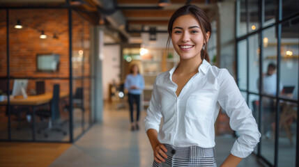 Fototapeta premium A confident young woman in professional attire stands with her hands on her hips, smiling in a modern office environment.