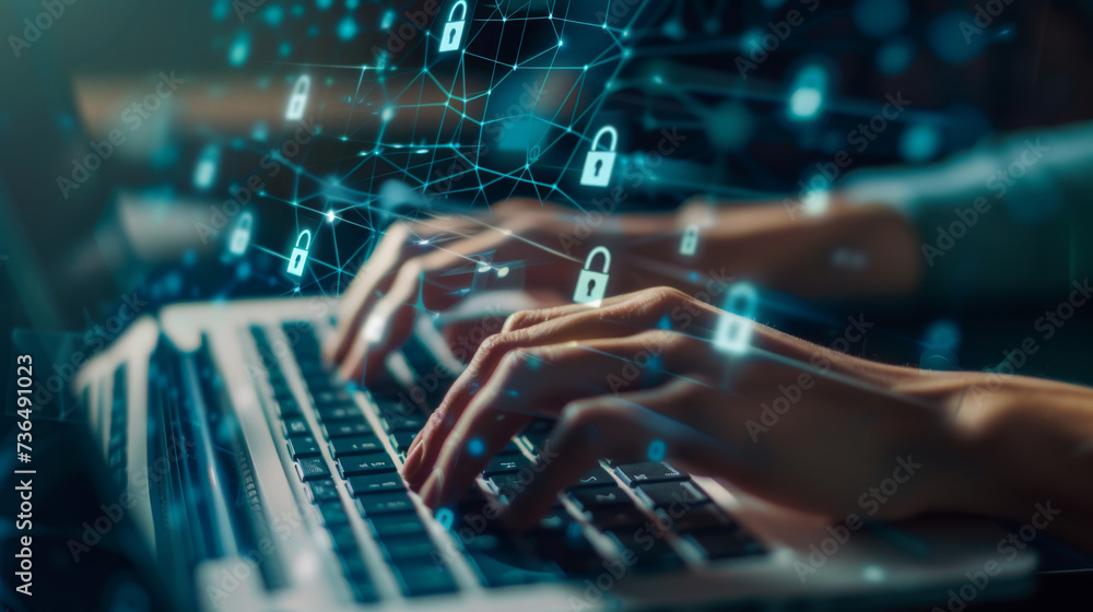 Poster a pair of hands is typing on a laptop keyboard overlayed with graphics of digital locks, symbolizing