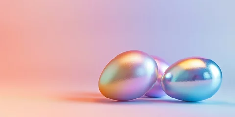 Gardinen Holographic metallic painted Easter eggs on gradient background with copy space, vivid colorful Easter banner. © Jasper W