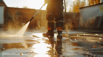 Close up of worker cleaning driveway with gasoline high pressure washer .High pressure deep cleaning. Professional cleaning services.