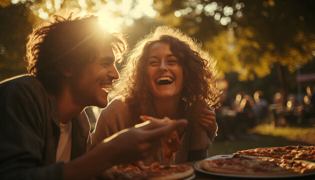 friends campaign eating pizza in the park. 