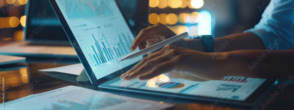 Poster an individual's hands using a stylus on a tablet with financial analysis graphs on the screen, place