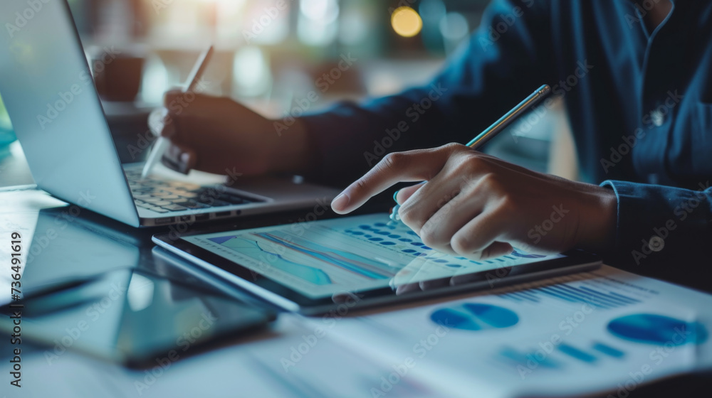 Poster an individual's hands using a stylus on a tablet with financial analysis graphs on the screen, place