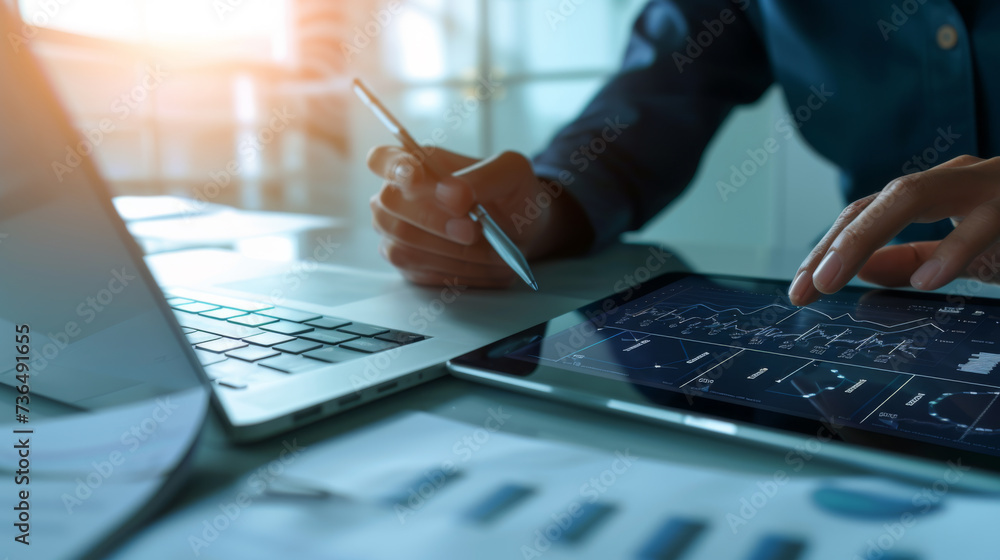 Poster an individual's hands using a stylus on a tablet with financial analysis graphs on the screen, place