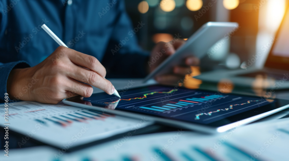 Poster an individual's hands using a stylus on a tablet with financial analysis graphs on the screen, place