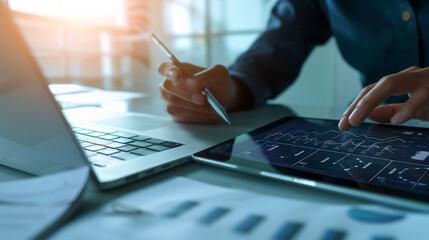 An individual's hands using a stylus on a tablet with financial analysis graphs on the screen, placed on a desk with printed data charts, in a brightly lit office environment.
