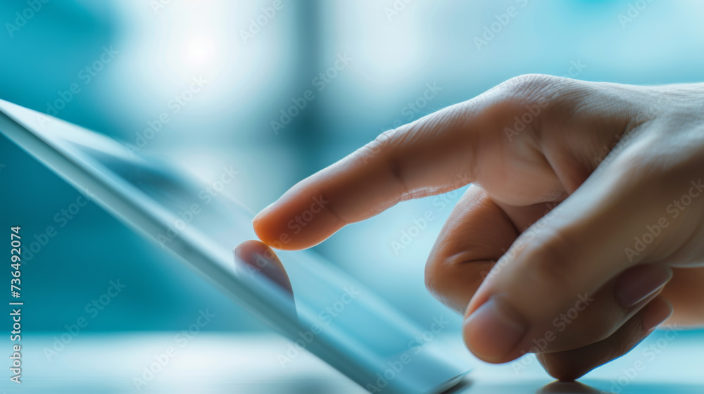 Poster a close-up of a hand interacting with a digital tablet, highlighting the simplicity and precision of