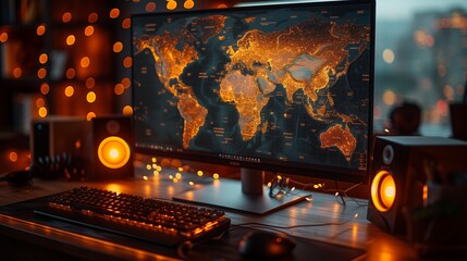 A display device showing a world map is placed on a desk in a building, with audio equipment for...