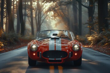 red vintage car with white stripes on the road in an autumn forest