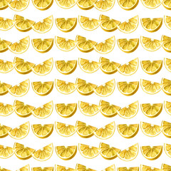 Watercolor pattern. Yellow lemon slices hand drawn in watercolor on a white background. Suitable for printing on fabric and paper, for kitchen decoration, decoration of dishes and towels, tablecloths