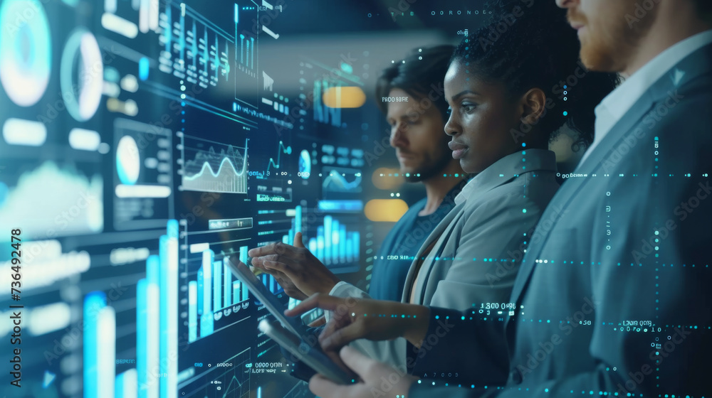 Poster a team of professionals is intently analyzing digital data on futuristic transparent screens in a hi