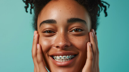 A close-up portrait of a cheerful young individual with braces on their teeth, displaying a happy and confident smile.