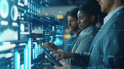 A team of professionals is intently analyzing digital data on futuristic transparent screens in a high-tech corporate environment.