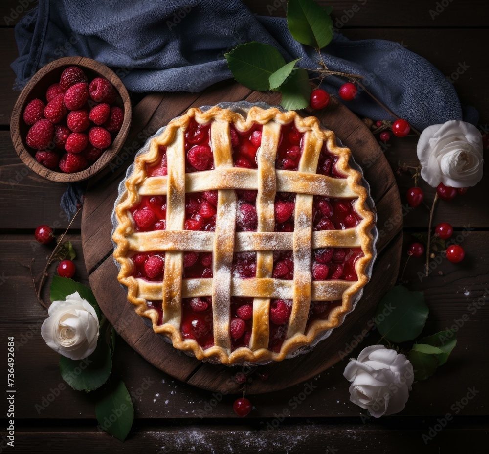 Poster fresh raspberry pie with lattice on wooden background. generative ai.