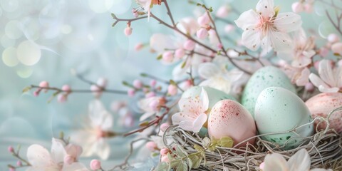Easter floral composition on nest with pastel color decoration, Easter eggs decoration, eggs in the nest with copy space. - obrazy, fototapety, plakaty