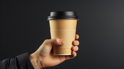 Mockup of men's hand holding brown paper mid size cup with black cover isolated on dark gray background.