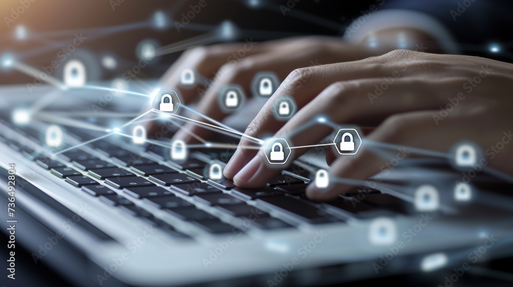 Poster a pair of hands is typing on a laptop keyboard overlayed with graphics of digital locks, symbolizing