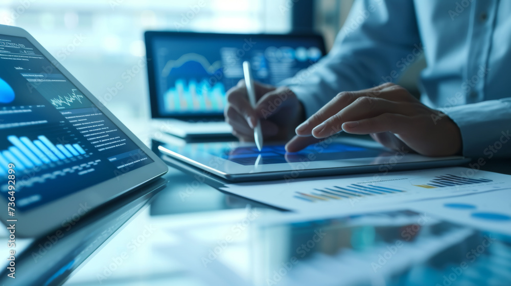 Poster an individual's hands using a stylus on a tablet with financial analysis graphs on the screen, place