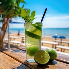 A glass of lime juice with a straw on a wooden table. Generative AI.