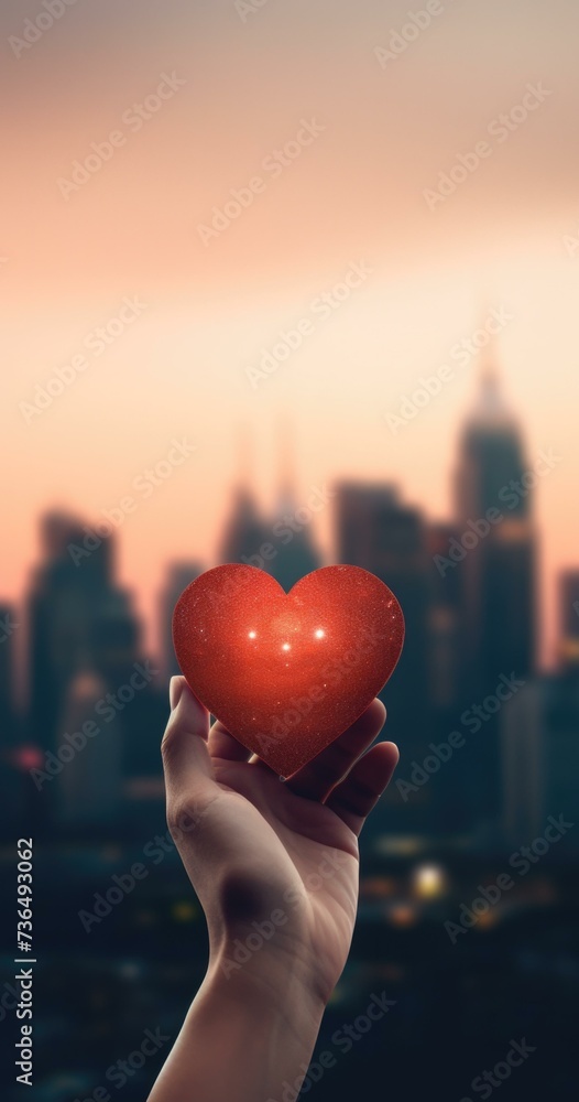 Poster a person holding a red heart shaped object in front of a cityscape. generative ai.