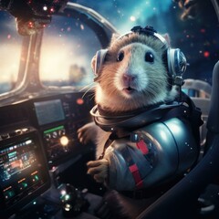 A hamster in a space suit sitting in the cockpit of an airplane. Generative AI.