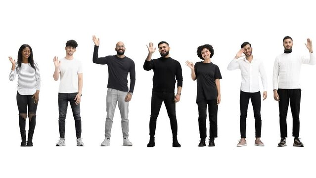 A group of people, in full height, on a white background, waving their hands