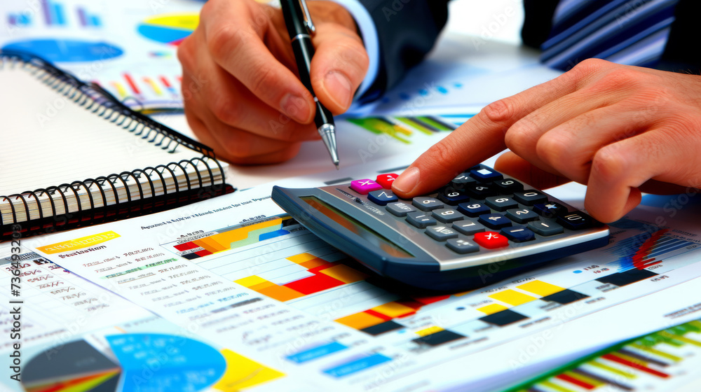 Poster a close-up view of hands using a calculator and pen to work on financial charts and data reports on 