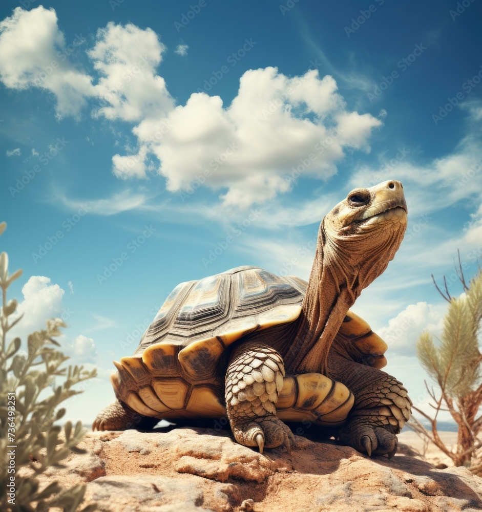 Poster a tortoise is sitting on a rock in the desert. generative ai.