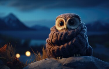 An owl sitting on a rock with a blanket. Generative AI.