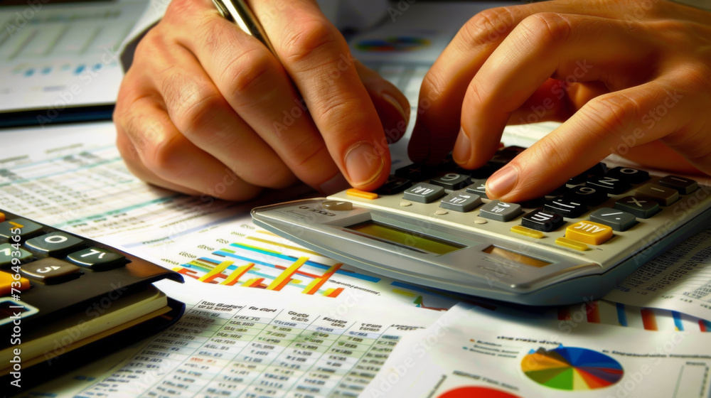 Poster a close-up view of hands using a calculator and pen to work on financial charts and data reports on 