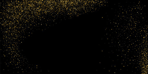 Gold dust. Confetti with gold glitter on a black background. Shiny scattered sand particles. Decorative elements. Luxury background for your design, cards, invitations. Vector