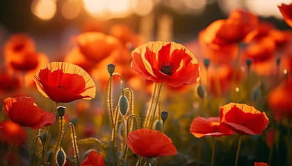 Foto auf Acrylglas poppy field in sunlight. poppy flowers closeup background. © Juli Puli